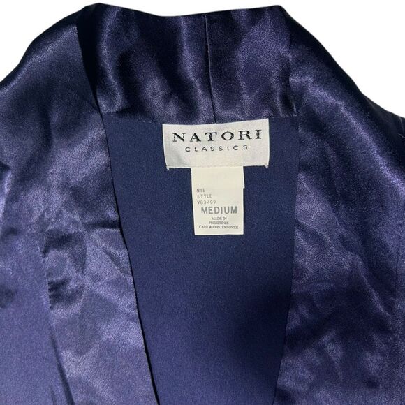 Natori Classics Navy Blue Satin Robe with Pockets Embroidered Cuffs Size Medium - Picture 9 of 12